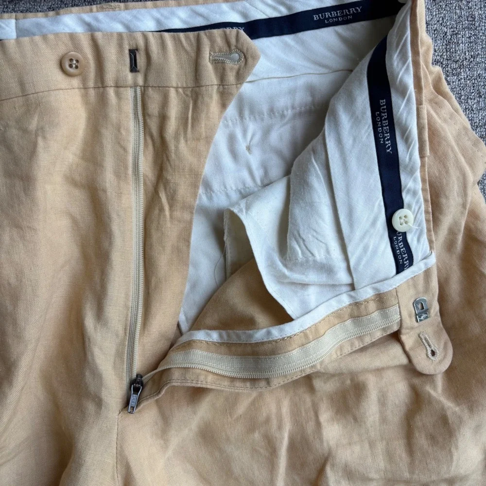 Burberry Pants Mens 36 Yellow Tan London Pleated Linen Straight Leg
